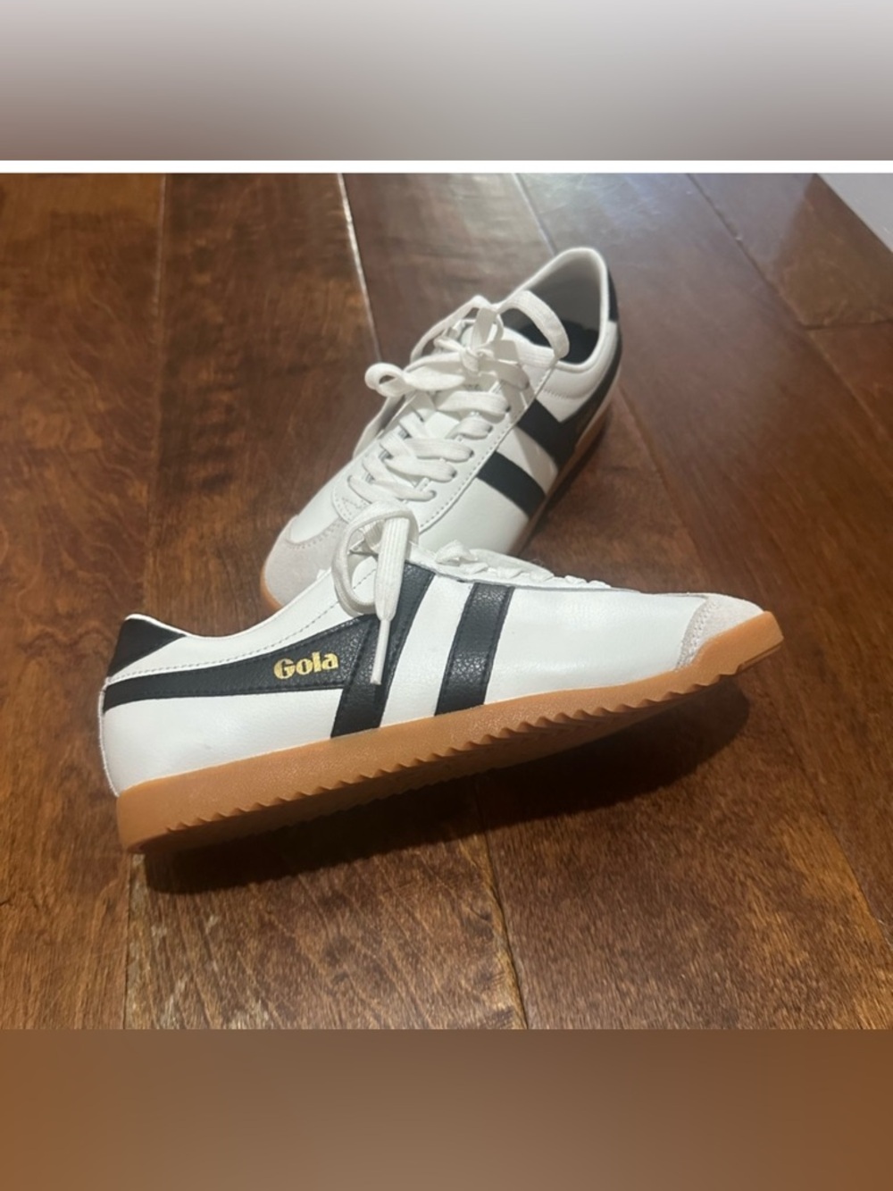 Gola Bullet White Leather Sneakers with Black Stripes and Gum Sole